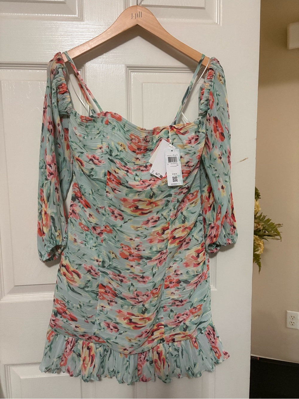 Guess Mint Floral Off-Shoulder Mini Dress with Ruffle Hem